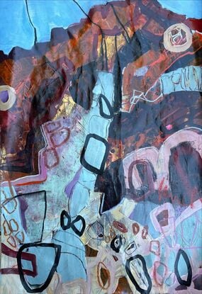 An abstract painting of a rocky hill  face under a pale blue sky. 