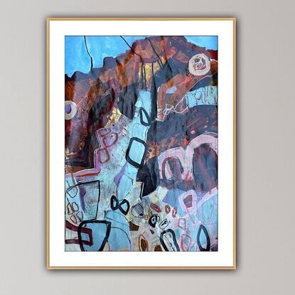 An abstract painting of a rocky hill  face under a pale blue sky. 