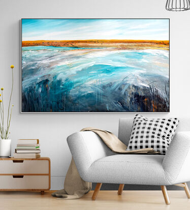 Dramatic colourful abstract seascape with fluffy white clouds and fresh and colourful textured ocean with lots of movement and mark making.