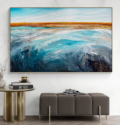 Dramatic colourful abstract seascape with fluffy white clouds and fresh and colourful textured ocean with lots of movement and mark making.