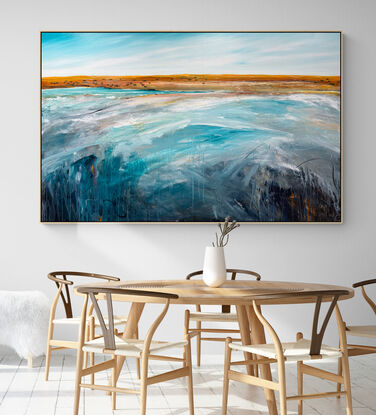 Dramatic colourful abstract seascape with fluffy white clouds and fresh and colourful textured ocean with lots of movement and mark making.