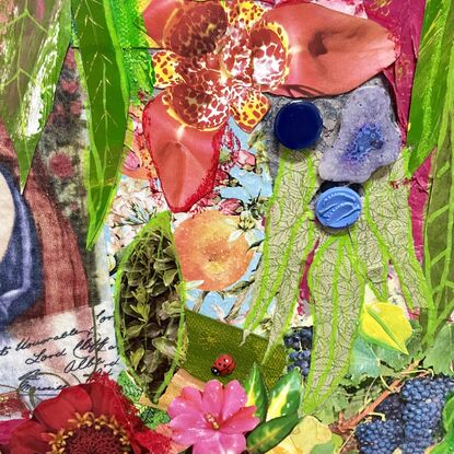 A mixed media collage abstract depiction of the gardens of Norman Lindsay. 