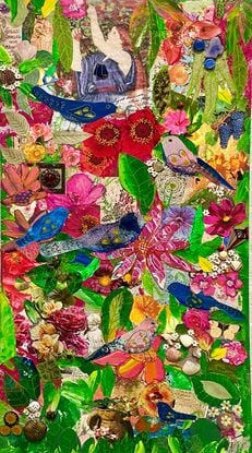 A mixed media collage abstract depiction of the gardens of Norman Lindsay. 