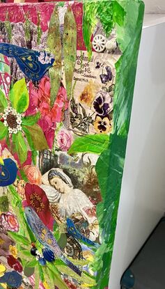 An abstract mixed media collage depiction if bohemian gardens with wildlife and flowers and ephemera. 