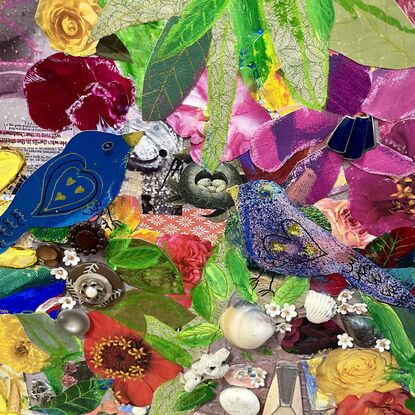 An abstract mixed media collage depiction if bohemian gardens with wildlife and flowers and ephemera. 