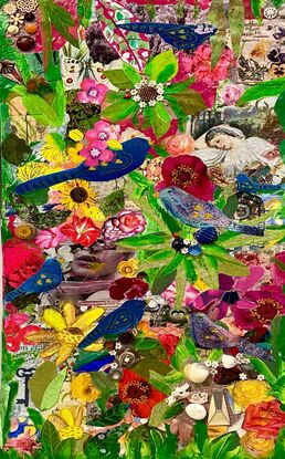 An abstract mixed media collage depiction if bohemian gardens with wildlife and flowers and ephemera. 