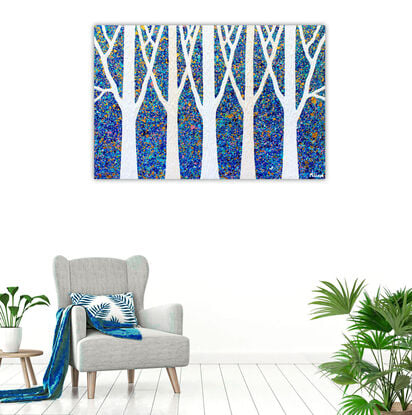 Textured white and beige trees on a deep blue textured background with metallic golds