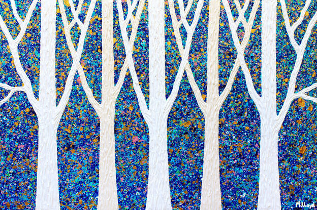 Textured white and beige trees on a deep blue textured background with metallic golds