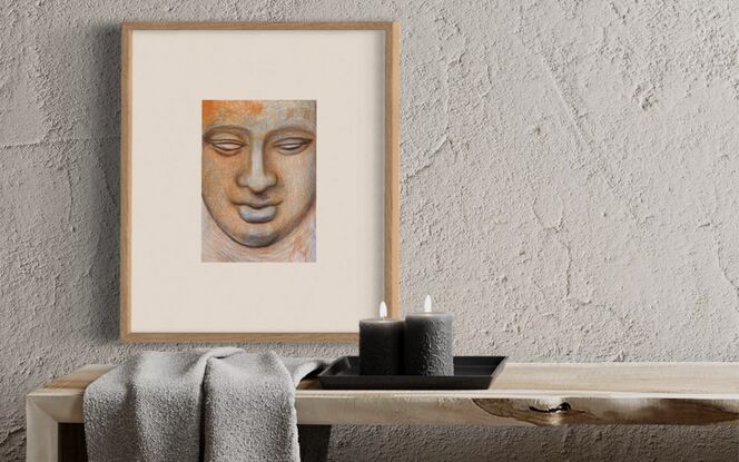 A serene image of a Buddhist statue, that achieves a feeling of inner glow.