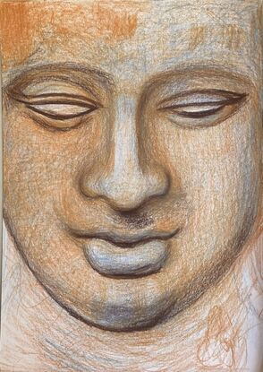 A serene image of a Buddhist statue, that achieves a feeling of inner glow.