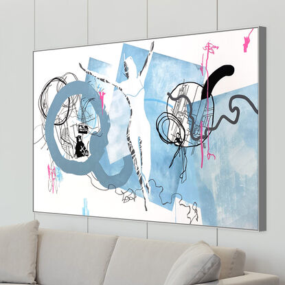 Dynamic acrylic strokes & ink lines forming an energetic abstract yet figurative narrative.