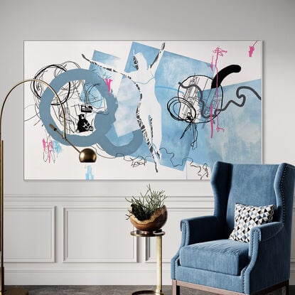 Dynamic acrylic strokes & ink lines forming an energetic abstract yet figurative narrative.