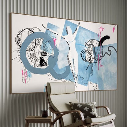 Dynamic acrylic strokes & ink lines forming an energetic abstract yet figurative narrative.