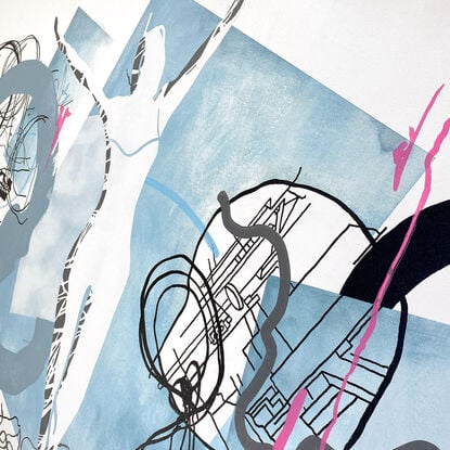 Dynamic acrylic strokes & ink lines forming an energetic abstract yet figurative narrative.