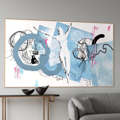 Dynamic acrylic strokes & ink lines forming an energetic abstract yet figurative narrative.