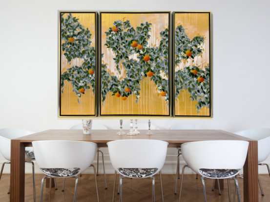 A large triptych featuring a semiabstract interpretation of an orange grove, glowing with a golden backdrop. Gorgeous luscious oranges and white orange blossoms are dotted across the triptych.