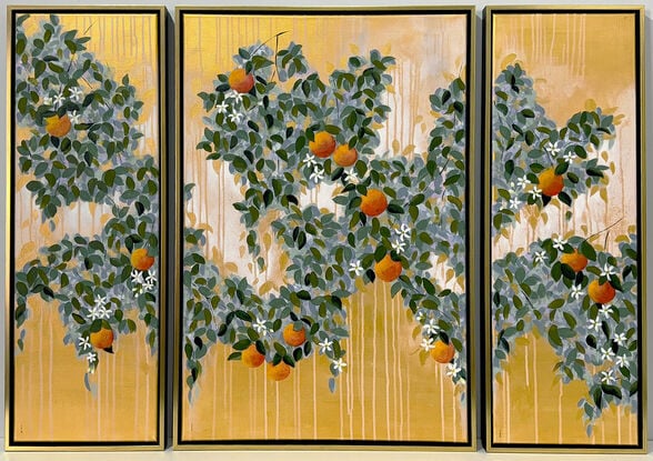 A large triptych featuring a semiabstract interpretation of an orange grove, glowing with a golden backdrop. Gorgeous luscious oranges and white orange blossoms are dotted across the triptych.