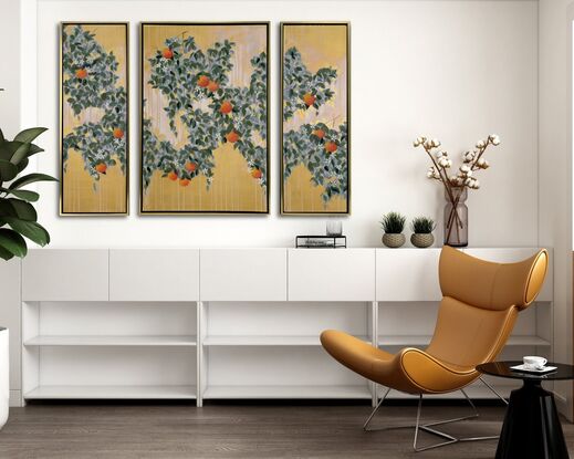 A large triptych featuring a semiabstract interpretation of an orange grove, glowing with a golden backdrop. Gorgeous luscious oranges and white orange blossoms are dotted across the triptych.