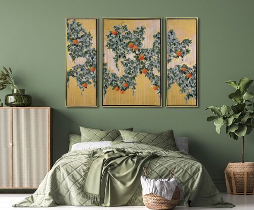 A large triptych featuring a semiabstract interpretation of an orange grove, glowing with a golden backdrop. Gorgeous luscious oranges and white orange blossoms are dotted across the triptych.