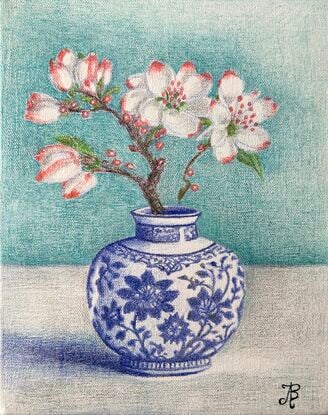 Drawing of blossom branch in a chinoiserie vase