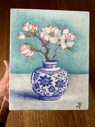 Drawing of blossom branch in a chinoiserie vase