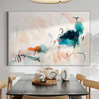 bold textured marks in peach, apricot, orange, grey, with areas of white, turquoise blue and green across a large canvas