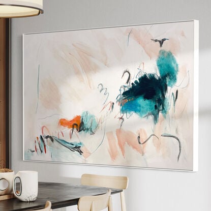 bold textured marks in peach, apricot, orange, grey, with areas of white, turquoise blue and green across a large canvas