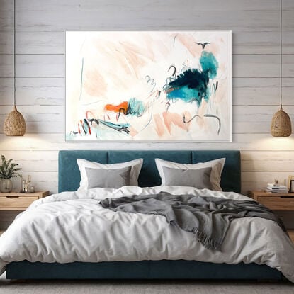 bold textured marks in peach, apricot, orange, grey, with areas of white, turquoise blue and green across a large canvas