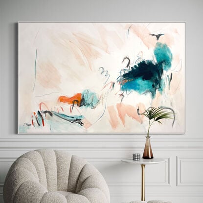 bold textured marks in peach, apricot, orange, grey, with areas of white, turquoise blue and green across a large canvas