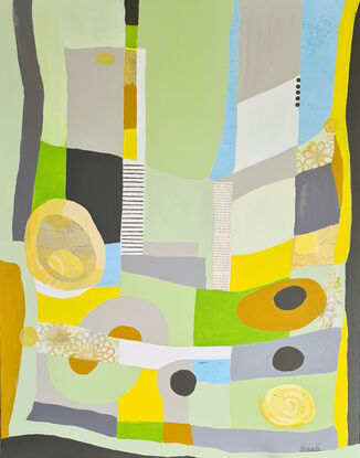 Cool greens, soft greys with pops of bright yellow. Shapes and circles make a peaceful and chilled image.