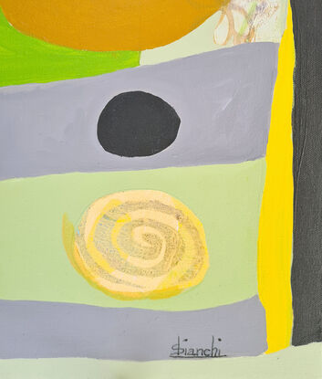 Cool greens, soft greys with pops of bright yellow. Shapes and circles make a peaceful and chilled image.