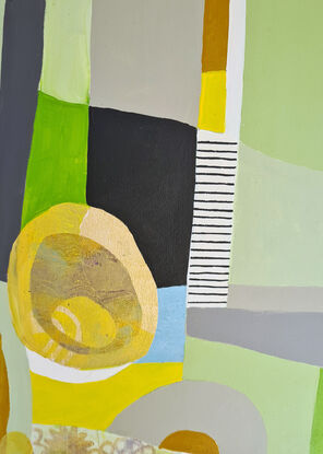 Cool greens, soft greys with pops of bright yellow. Shapes and circles make a peaceful and chilled image.