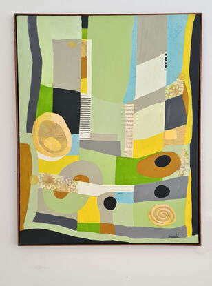 Cool greens, soft greys with pops of bright yellow. Shapes and circles make a peaceful and chilled image.