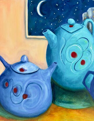 Three Quirky Teapots Against a pink wall and night sky cityscape