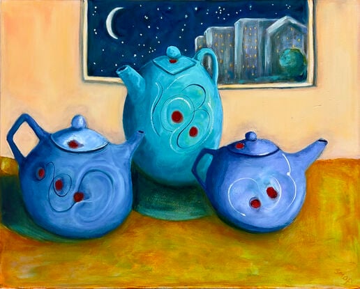 Three Quirky Teapots Against a pink wall and night sky cityscape