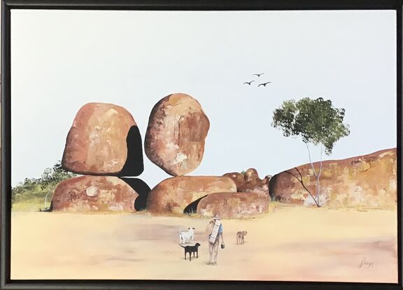 The Devils marbles (Karlu Karlu) with a swaggie and his three dogs deciding to camp.