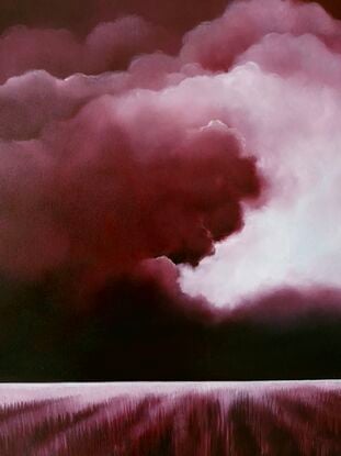 A Deep dark maroon/pink canvas with ethereal highlighted clouds over a highlighted landscape below; Lucinda Leveille; original art; framed