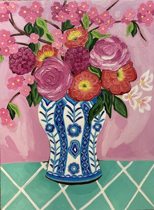 Large blue and white vase with big pink and red abstract flowers