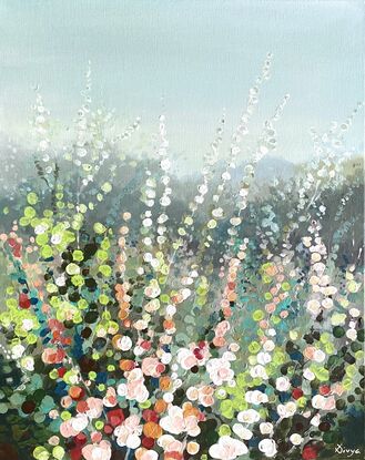 Layered bushes and wild flowers  in the many shades of lush green, pink and white against a clear blue ombre sky. This painting is inspired by the abundant and  in restraint  growth in the wilderness.