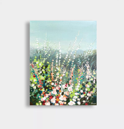 Layered bushes and wild flowers  in the many shades of lush green, pink and white against a clear blue ombre sky. This painting is inspired by the abundant and  in restraint  growth in the wilderness.