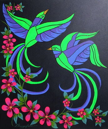 Vivid stylised green and purple birds with, pink flowers on a indigo background.