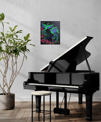 Vivid stylised green and purple birds with, pink flowers on a indigo background.