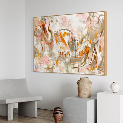 bold textured marks in orange, pink with areas of white and beige, terracotta and tan expressive marks across a large canvas