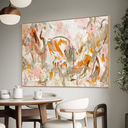 bold textured marks in orange, pink with areas of white and beige, terracotta and tan expressive marks across a large canvas