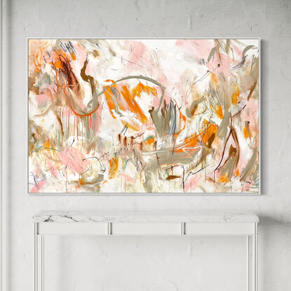 bold textured marks in orange, pink with areas of white and beige, terracotta and tan expressive marks across a large canvas