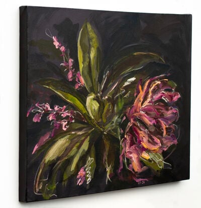 Abstract floral on a black background, with distinct brushstrokes.  Floral bloom with leaves.