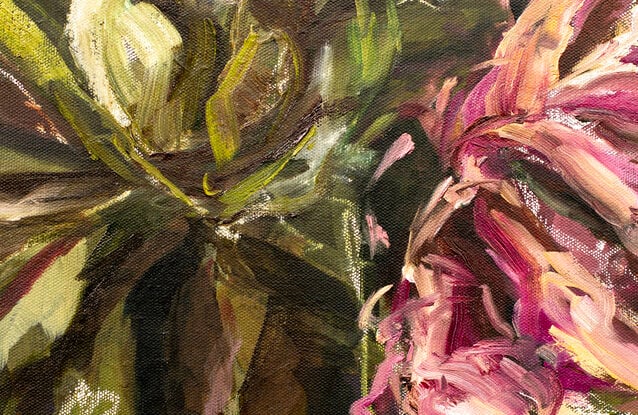 Abstract floral on a black background, with distinct brushstrokes.  Floral bloom with leaves.