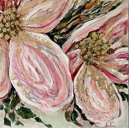 Dramatic and bright,  large textured soft pink and cream flowers with highlights of copious shiny gold leaf. Surrounded by green leaves, and completed with a pale green background.
