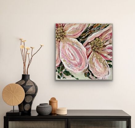 Dramatic and bright,  large textured soft pink and cream flowers with highlights of copious shiny gold leaf. Surrounded by green leaves, and completed with a pale green background.
