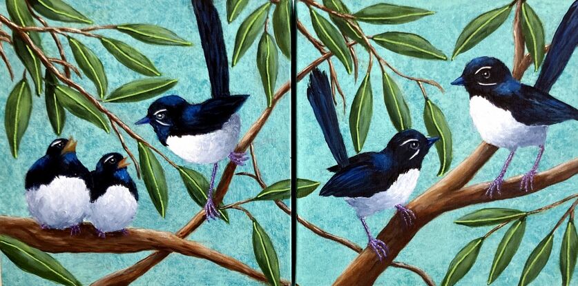 Two paintings of Willy Wagtails with one with a parent and young and the other with two birds as a couple. The artworks carry across the two canvases but can be purchased separately.